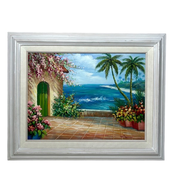 W. Chapman Vintage Tropical Coastal View Colorful Original Oil Painting Signed
